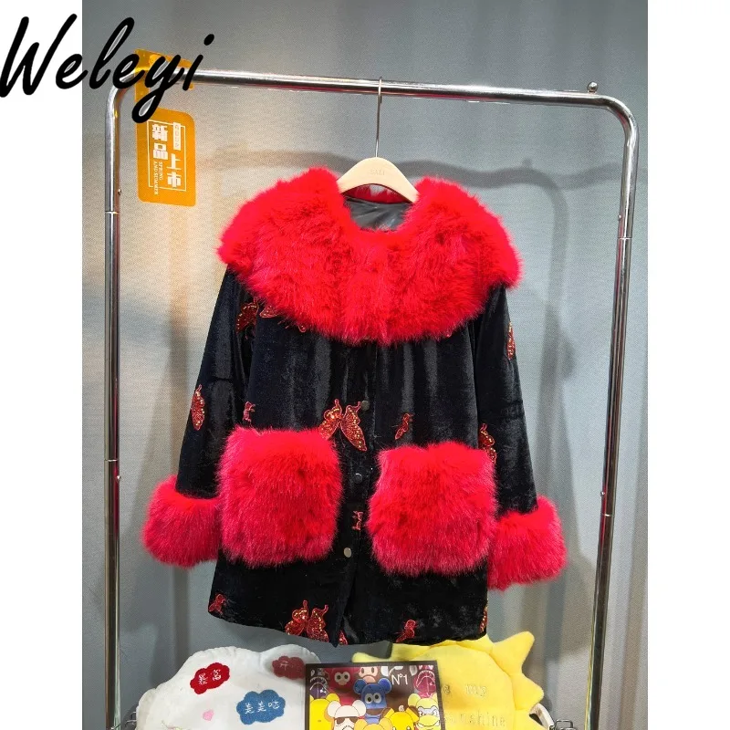 European Winter Cotton Padded Faux Fur Coats Ladies 2024 New Warm Women Big Fur Collar Beaded Long Sleeve Thickened Furry Jacket