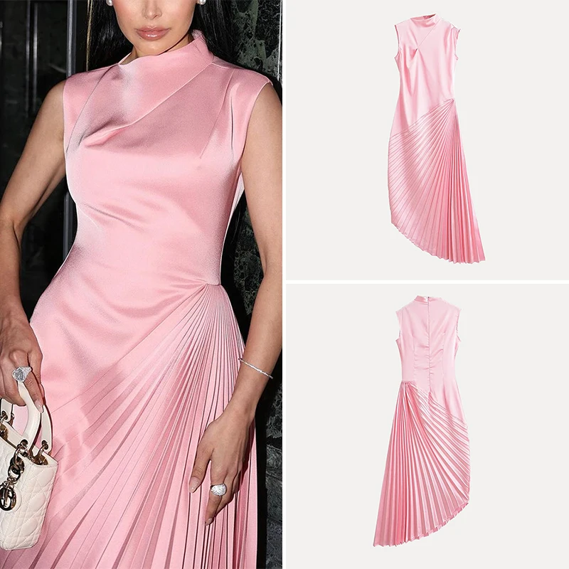Ele High Waist Gown Summer 2025 Svel Satin Feel Pleated Asymmetrical Hemline Versatile Long Dr for Women