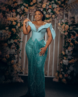 Crystals Full Sleeves Illusions Sky Blue Evening Dresses Mermaid Gorgeous Long Evening Dresses Aso Ebi Women Formal Gowns