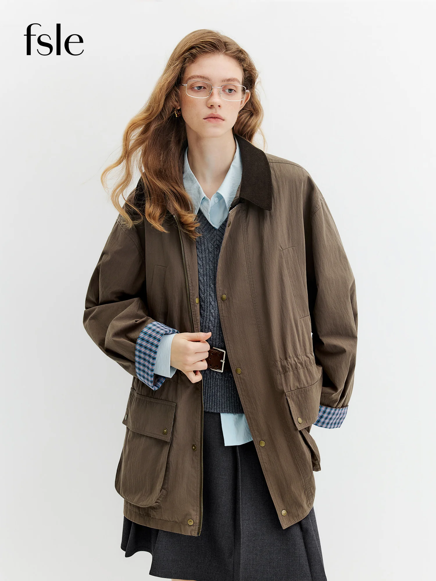 FSLE 2026 Fall Women's Vintage Casual Detachable Hood Notch Collar Short Utility Jacket - Stylish Outerwear for Daily Wear