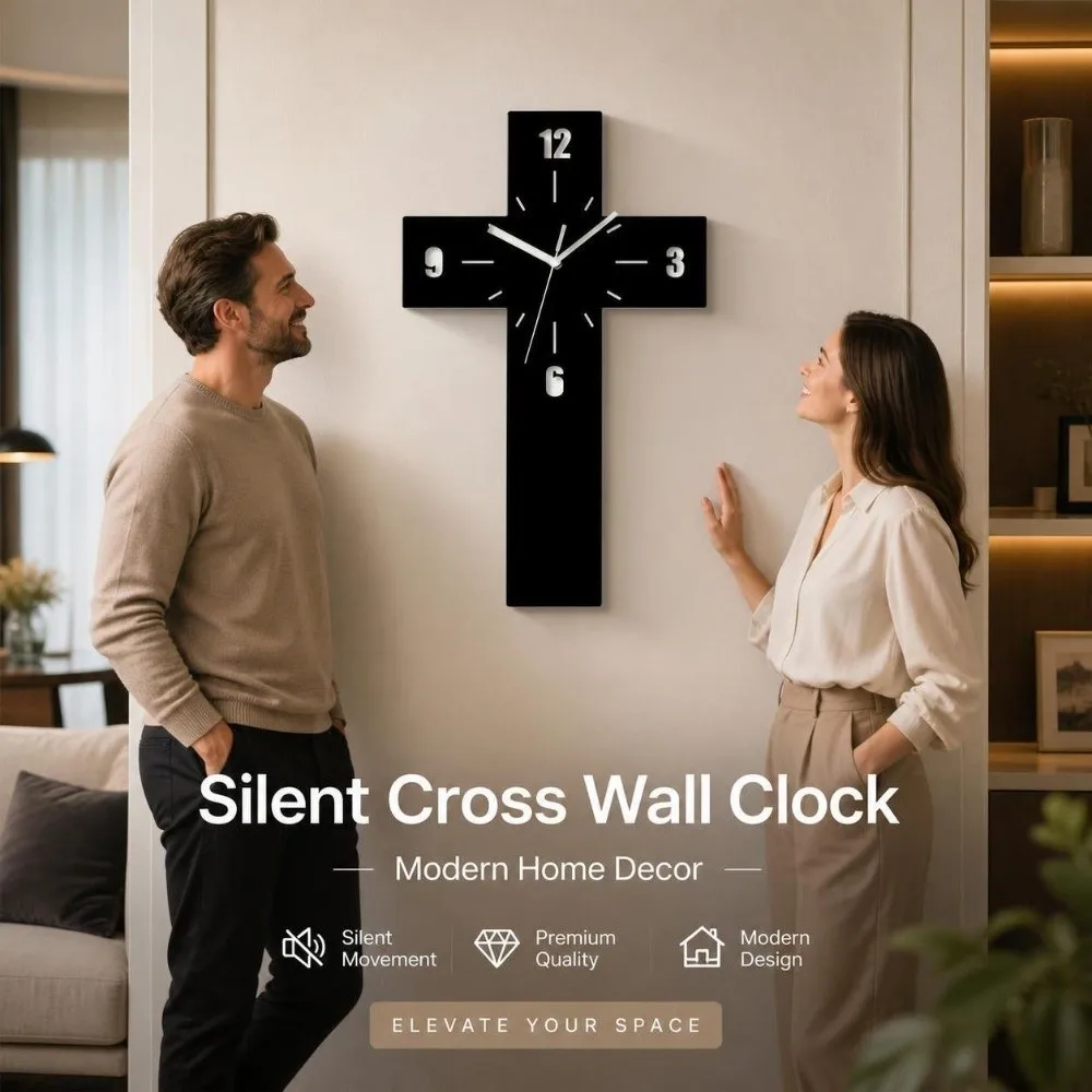 Vintage Solid Wood Cross Wall Clock Silent Non-ticking Wooden Cross Clock Decorative Wall Decor Quartz Wall Clock Church Decor