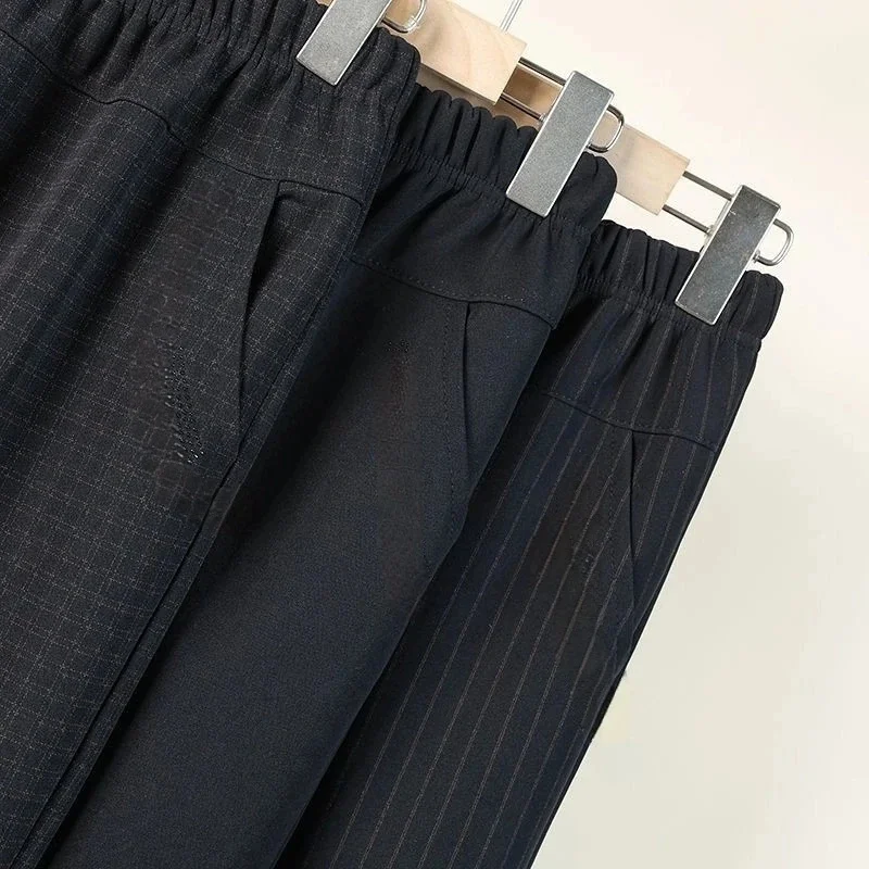 Spring Autumn Middle Aged Women Elastic Waist Casual Straight Pants Female Trousers Lady Stripe Pencil Pants Black Pants 5XL1833