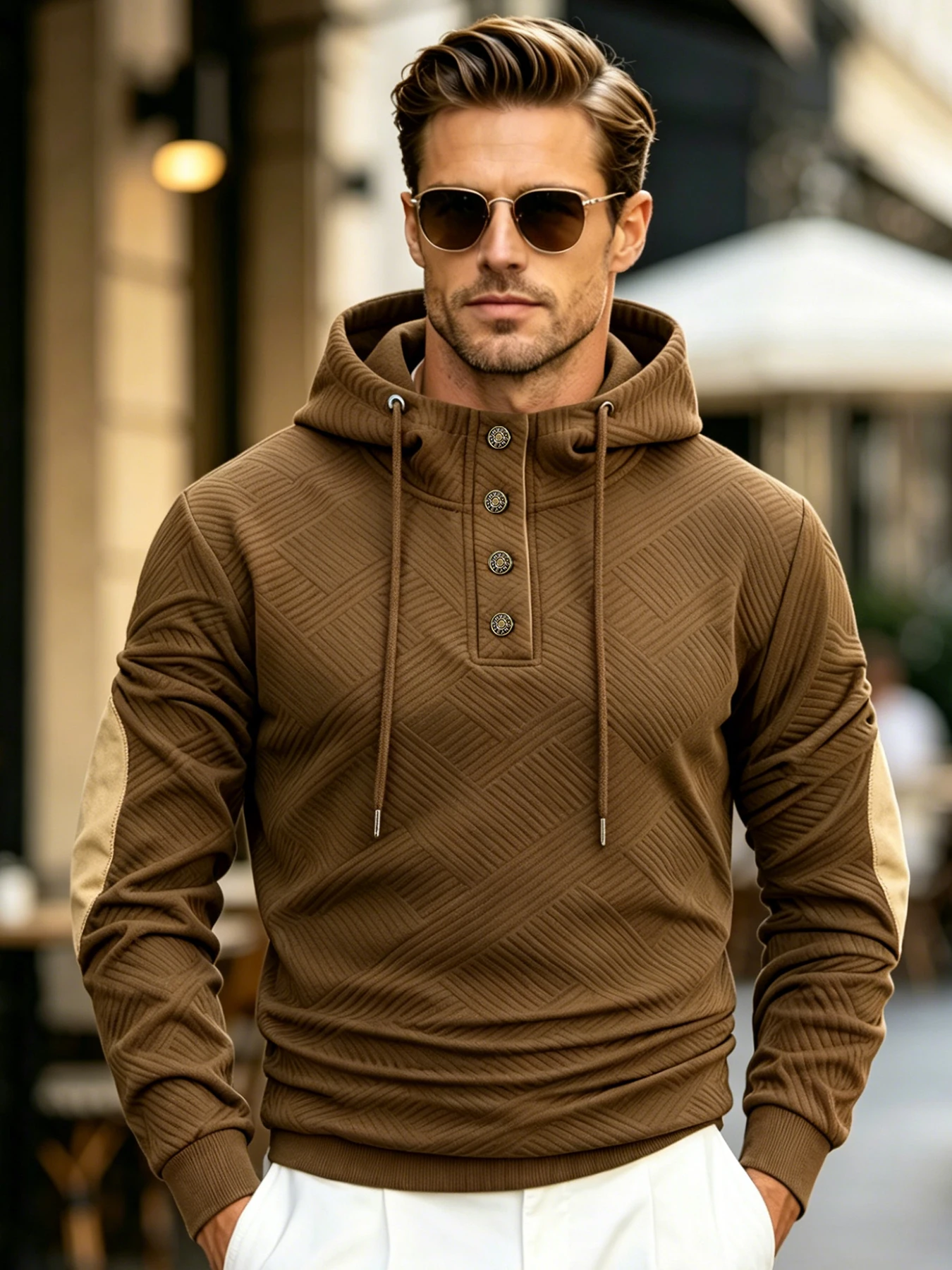 Men Henley Button Hoodie Polyester Geometric Jacquard Pullover Hooded Long Sleeve Casual Jumper For Autumn Winter