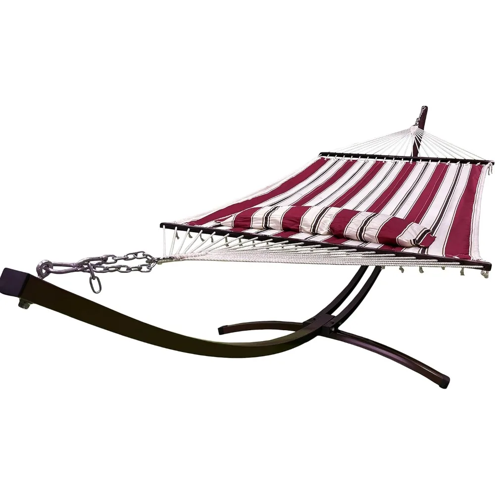 

Sturdy Brown Steel Arc Hammock Stand for Indoor and Outdoor Use with Premium Quilted Hammock Bed and Pillow in Elegant Red and W