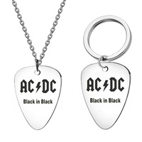 Stainless Steel AC DC Guitar Picks  Pendant Necklace Keychain Rock Band Guitar  Men's Punk Jewelry