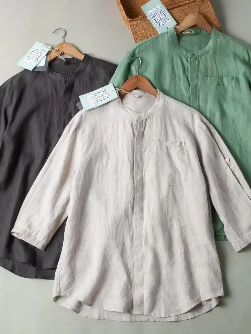 Pure Linen Chinese Style Casual Shirt Men's Loose Short Sleeve Shirt Summer Comfortable Traditional round Neck Unbranded