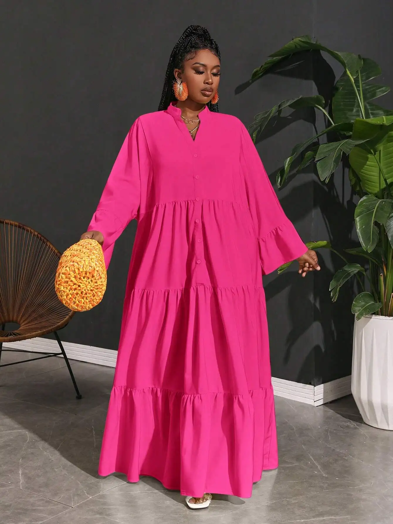 

Plus Size Vacation Casual Loose Woven A-Line Shirt Dress