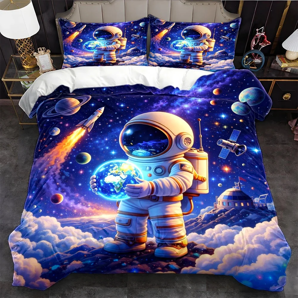 3Pc Space Astronaut Earth Theme Duvet Cover Set, Three-Piece Bedding Set (1*Duvet Cover + 2*Pillowcases), Suitable for All Seasons, Machine Washable, Invisible Zipper Double Bed Cover, Suitable for Home, Dormitory, Master Bedroom, Guest Room, Large Duvet Cover Bedding Set, Dreamy Universe Planet Rocket Pattern, Soft and Skin-Friendly Bedroom Bedding, Hot-Selling Starry Sky Astronaut Bedding Set 2D Flat Print