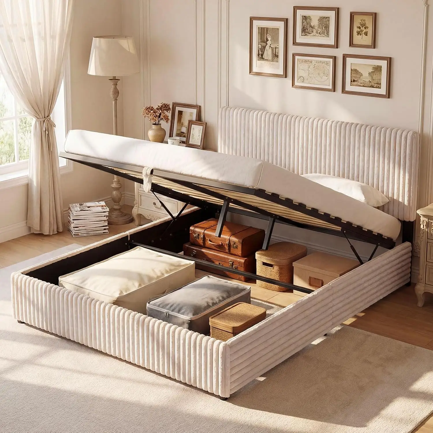 Queen Storage Bed Corduroy Upholstered Platform Wingback Headboard Hydraulic Lift No Box Spring Beige, Customized