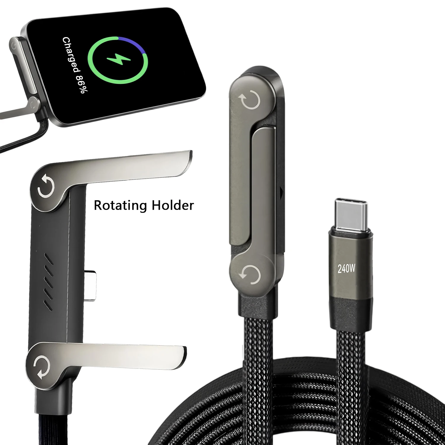 2-IN-1 Type-C Cable Foldable Mobile Phone Holder 240W Fast Charging Data Cable Multifunction Phone Charge Bracket Dual PD cable