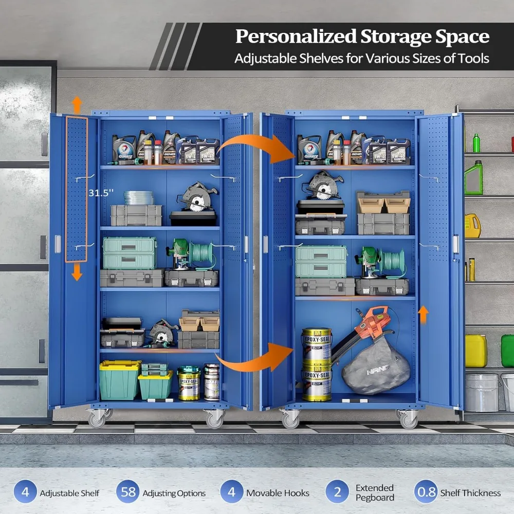 72'' Tall Metal Garage Storage Cabinet with Pegboards, Wheels, Locking Doors and Adjustable Shelves, File Cabinet/Tool