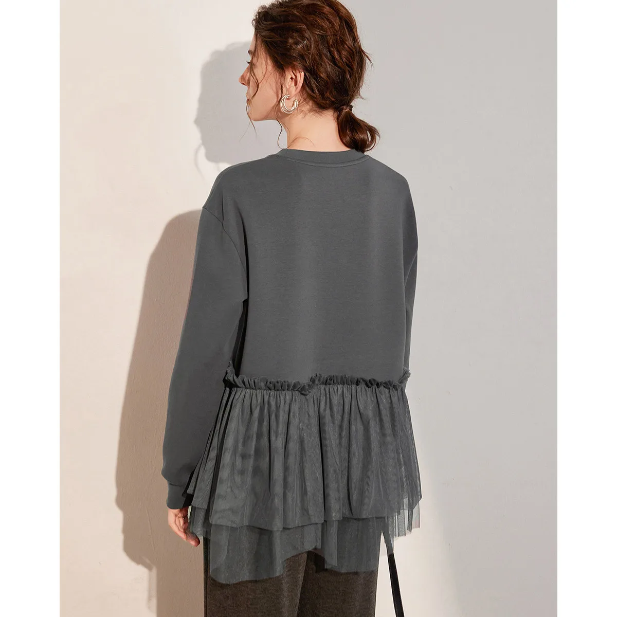 LOUISYAO Embroidered Sequin Splicing Mesh Women's Sweatshirts 2025 Winter Top Round Neck Sleeves Micro Elastic Hoodie