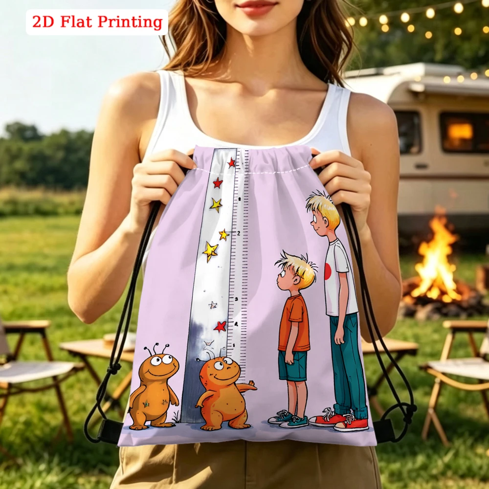 Cartoon Drawstring Backpack with Kids Height Chart, Monsters and Ruler Print, Gym Sports Outdoor Travel Bag