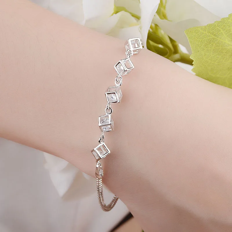 Luxury 925 Sterling Silver Zircon Bracelets for Woman Korean Designer Double Layered Square Geometry Bracelets Original Jewelry