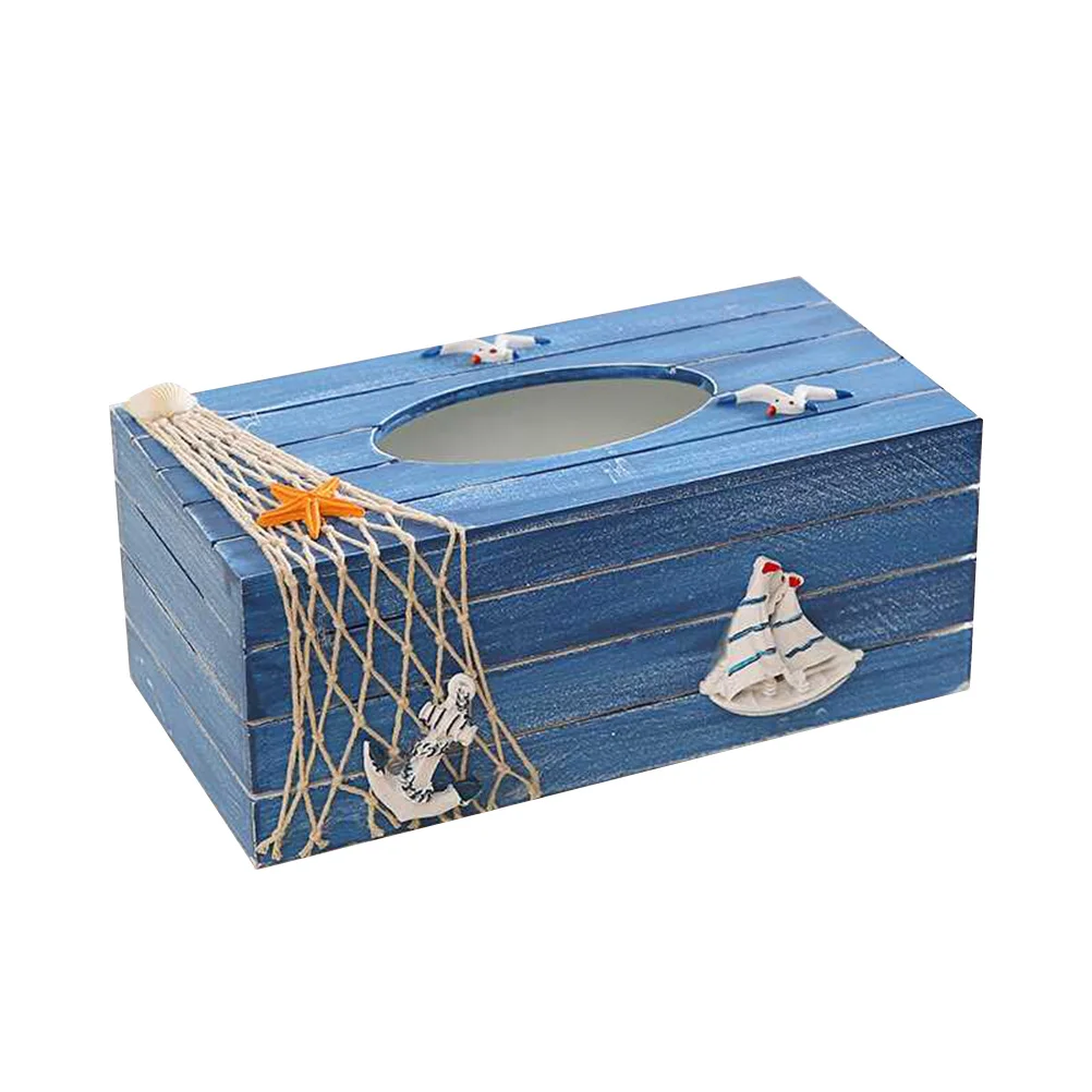 

Decorative Tissue Box Wooden Storage For Home Office Desktop Mediterranean Style Blue Sailboat Design Tissue Holder Container