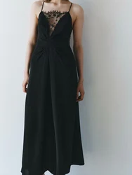 Women's 2024 new black backless sexy lace decoration suspender long dress