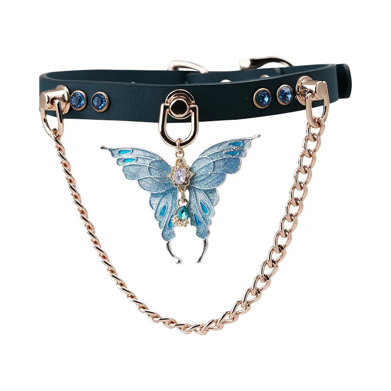 Blue Butterfly Choker Necklace - Teal PU Leather Collar with Gold Chains & Crystal Gems  Jewelry Adult Games
