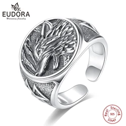 Eudora 925 Sterling Silver Viking Wolf Adjustable Ring for Men Women Vintage Nordic Valknut Amulet Signet Ring Punk Jewelry Gift