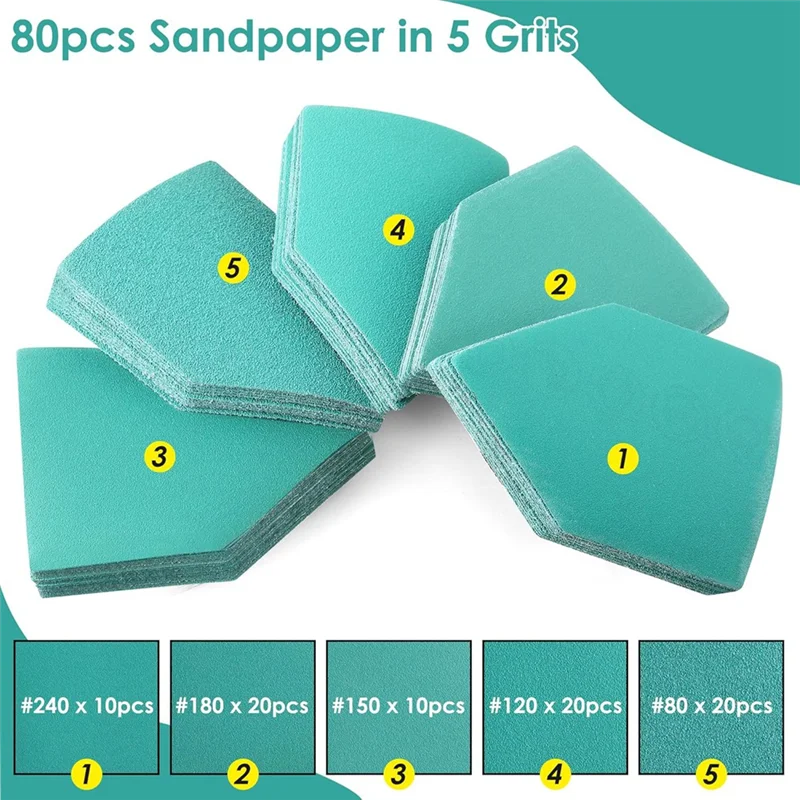 -A02R M-12 Compatible 80PCS Detail Sander Sandpapers(80, 120, 150, 180, 240 Grit) And 2 Sanding Interface Pads