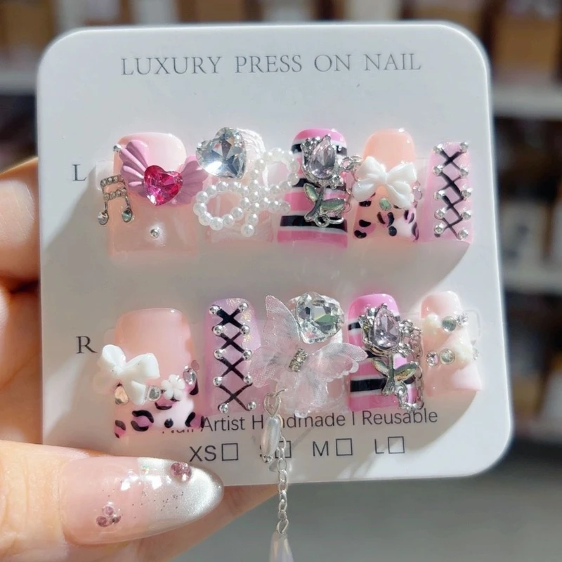 

10Pcs Y2K Duckbill Nails Pink Butterfly Tassels Handmade Nails with Leopard Pattern French Ballet Style Acrylic Press on Nails