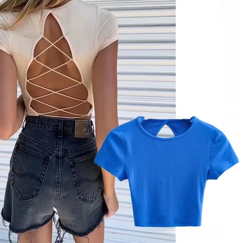 

Ins Sexy Pure Color Bal ort Sve Slim Fit ort T-irt Ribbed Chest Enhancing Top Street Sle round Ne Casual Wear