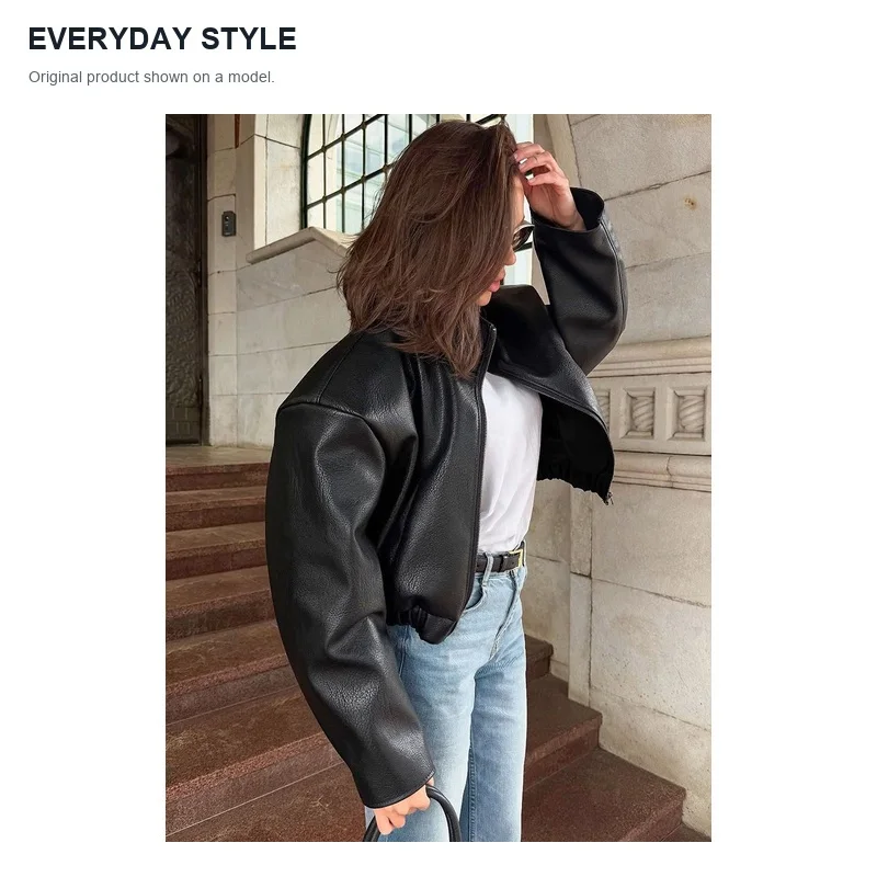 Women's Black Leather Look Cropped Bomber Jacket Zip Up Turn Down Collar Loose Fit Long Sleeve Autumn Outerwear