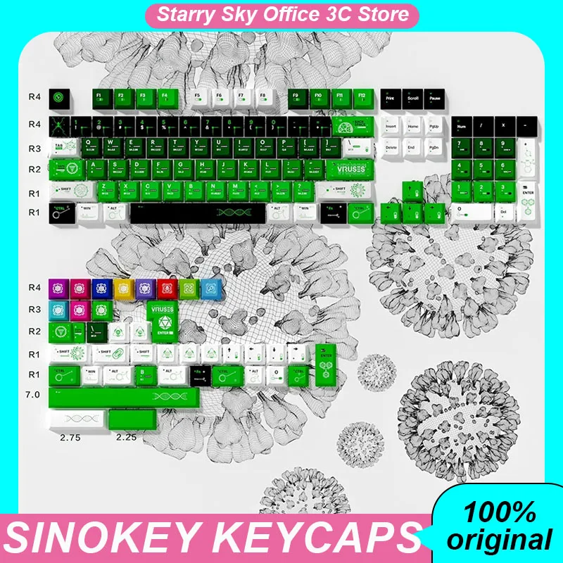 Sinokey Viruses Theme Keycaps 144keys Pbt Five Sided Sublimation Gaming Keyboard Computer Accessories