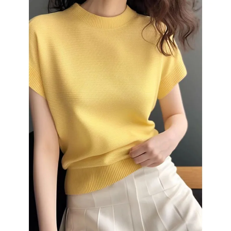 Loose-fit Yellow Pullover with Commuting Style and Breathable Ice Silk Material for Women's Summer Collection