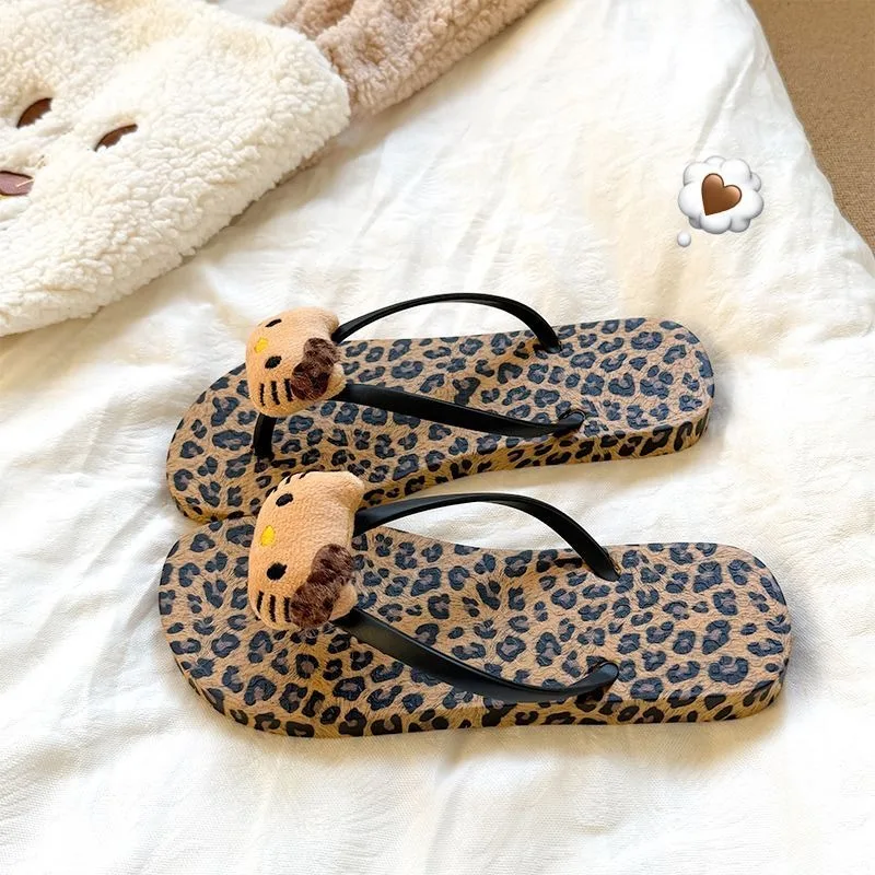

New Sanrio HelloKitty Slippers Fashion Trend Beach Shoes Fashion Trend Leopard Print Sense of Luxury Kawaii Anime Cartoon