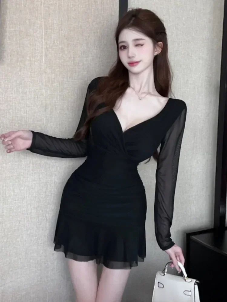 Korejepo Internet Celebrity Dresses Sexy Mesh Dress Low Cut V Neck Temperament Slim Pleated Ruffle Edge Buttocks Wrapped