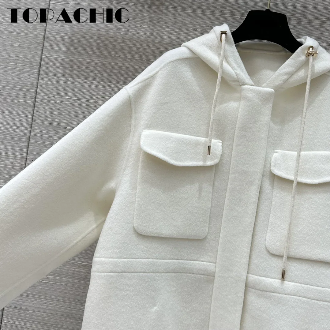 10.12 TOPACHIC-Women\'s High Quality Hooded Fashion Double-Sided Wool Coat Drawstring Collect Waist Big Pocket Zipper Outerwear