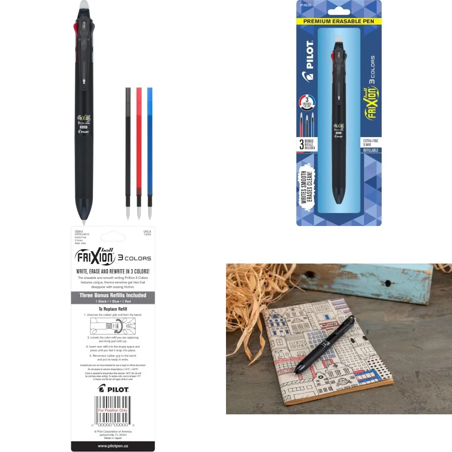 

PILOT FriXion Ball 3 Erasable Gel Ink Pen Extra Fine Point 0.5mm for Precise Writing and Note-Taking Black Blue Red Ink Colors