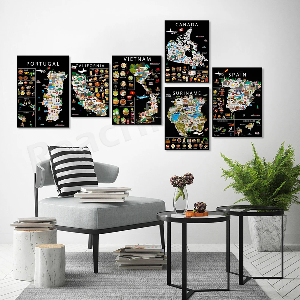 أوكرانيا ، فرنسا ، الصين ، تركيا ، الولايات المتحدة الأمريكية ، فيتنام ، البرتغال ، المغرب ، إسبانيا ، سورينام ، نيويورك ، طباعة الطعام ، مضحك خريطة السفر ملصق