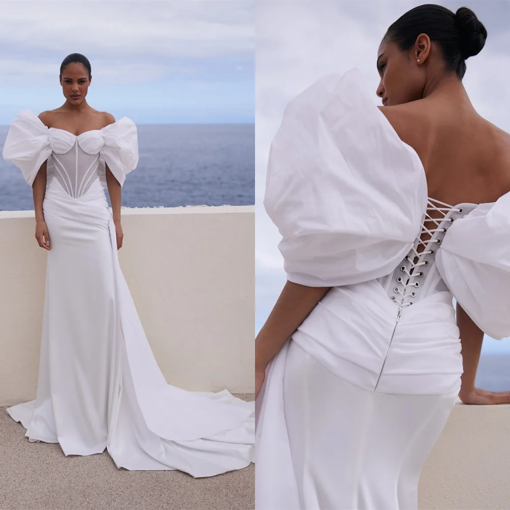 

Customized High Quality White Organza Wedding Dress Temperament Strapless Off the Shoulder Ha Chapel Train Backless Bridal Gowns