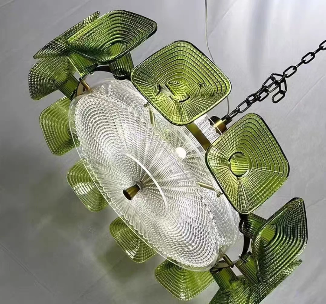 French Green Glass Pendant Light Artistic Carving Decorative Lighting For Living Room Hotel Restaurant Retro Chandelier Fixtures