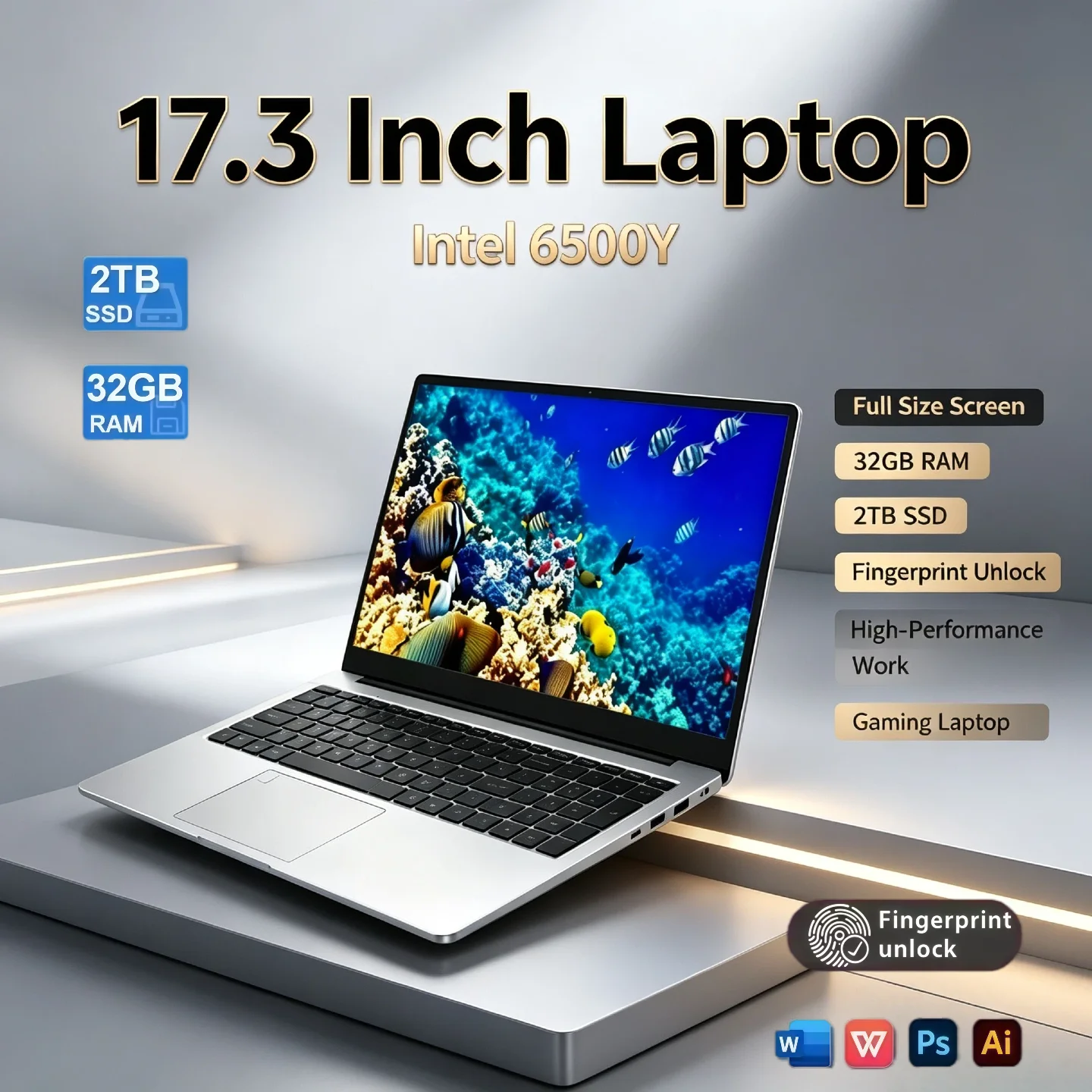 Intel 6500Y 32GB RAM 2TB SSD 17.3 Inch Full Size Laptop Fingerprint Unlock High Performance Work Gaming Notebook Pro