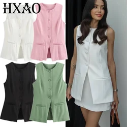 HXAO Women's Vests Sleeveless White Black Pink Vest Women Office Wear Long Vest Woman Outerwears Casual Button Green Suit Vest