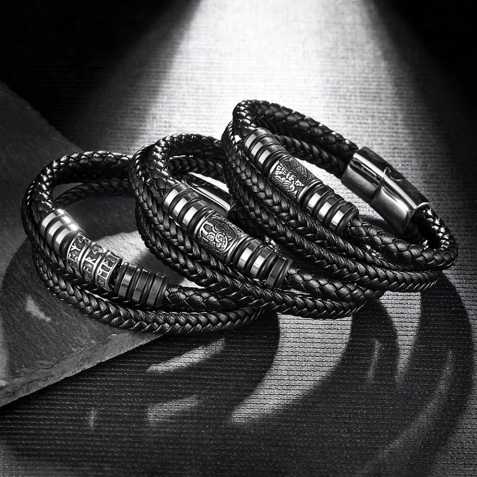 

Nordic Stainless Steel Vikings Celtic Knot Bracelet Fashion 3 Layers Braided Leather Rope Bangles For Men Women Vintage Jewelry