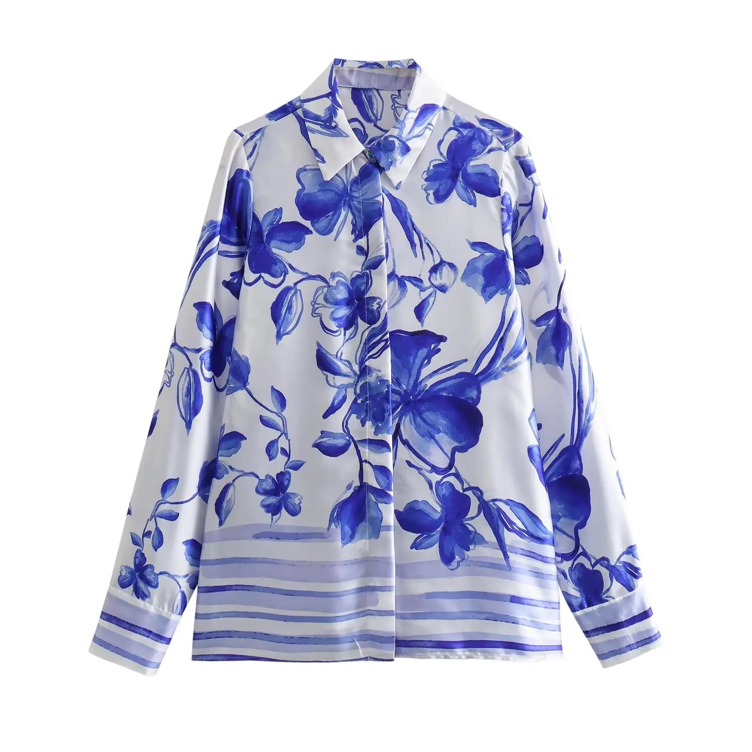 Taop & Za New Flower Shirt da donna popeline Texture Satin Printed Casual Top a maniche lunghe