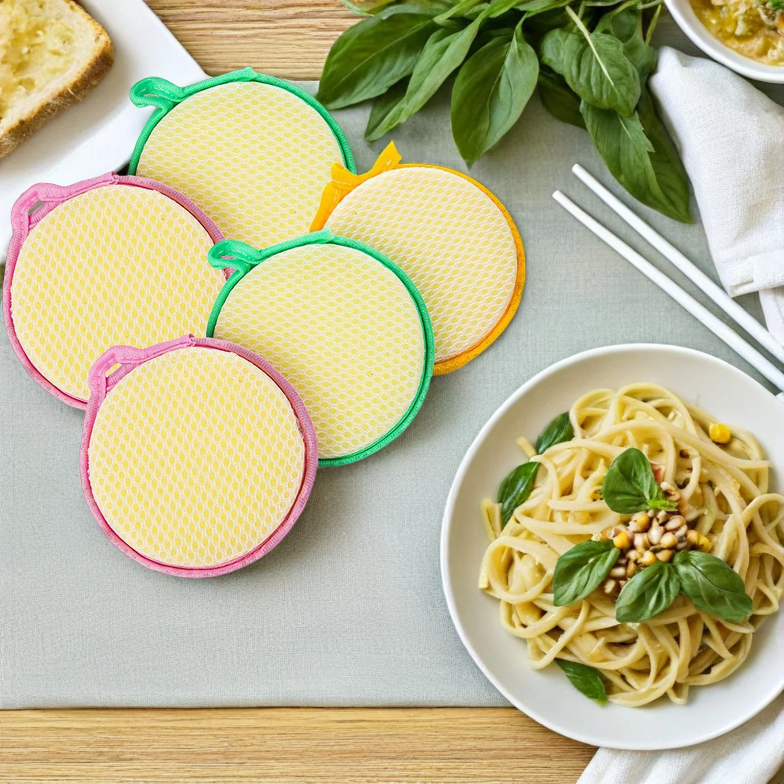 

5pcs Double Side Sponge Scouring Pad Round Cleaning Sponge For Dishwashing Kitchen Sink Scrub Pad Durable Water Absorption Foam