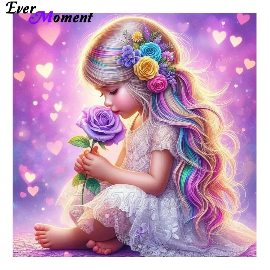 

Ever Moment AB Fairy Resin Diamond Painting Soft Canvas Cute Girl Smelling a Rose Bedroom Wall Decor ASF2853