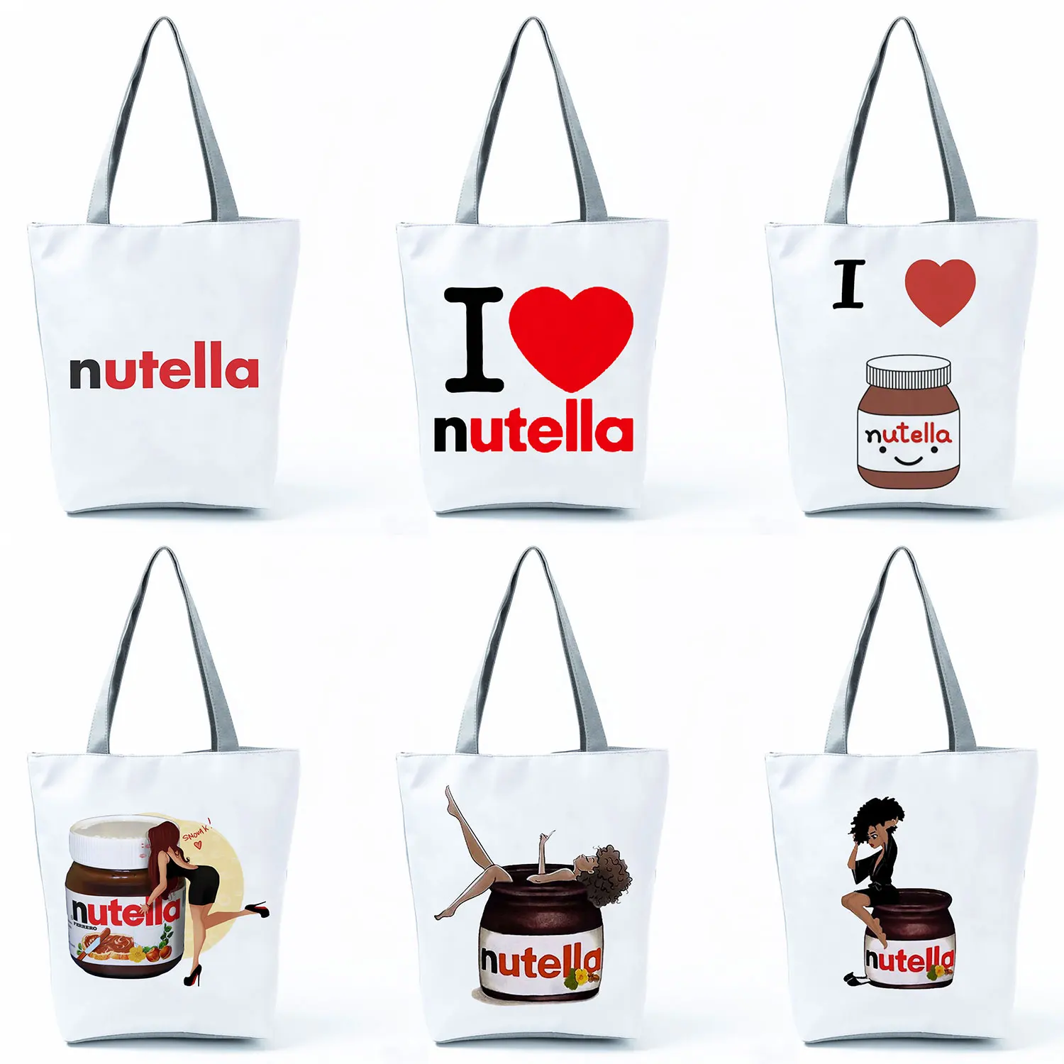 High Capacity Tote Bag Casual Cute Shoulder Bag Kawaii Cartoon Printed Handbags For Women Foldable Peanut Butter Shopping Bags