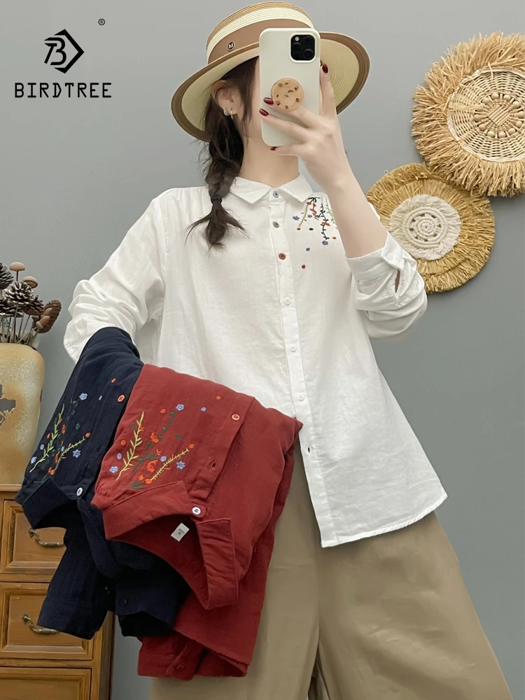 

New 2026 Spring Women Cotton Yarn Long Sleeve Shirt, Lapel Embroidery, Mori Girl Casual Breathable Thin Loose Blouse T63788CC