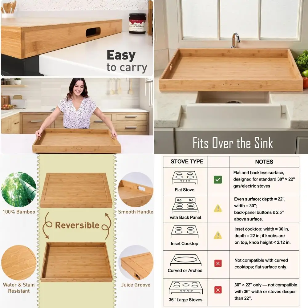 

Natural Bamboo Noodle Board with Handles, Cutting Board & Serving Tray for Gas and Electric Stoves, 29.21x21.22x2.12 Inner Size