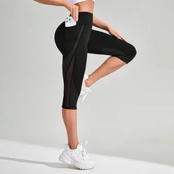 Mesh High Waist Yoga Pants Capri Leggings with Pockets for Women Tummy Control Workout Capri Leggings for Women