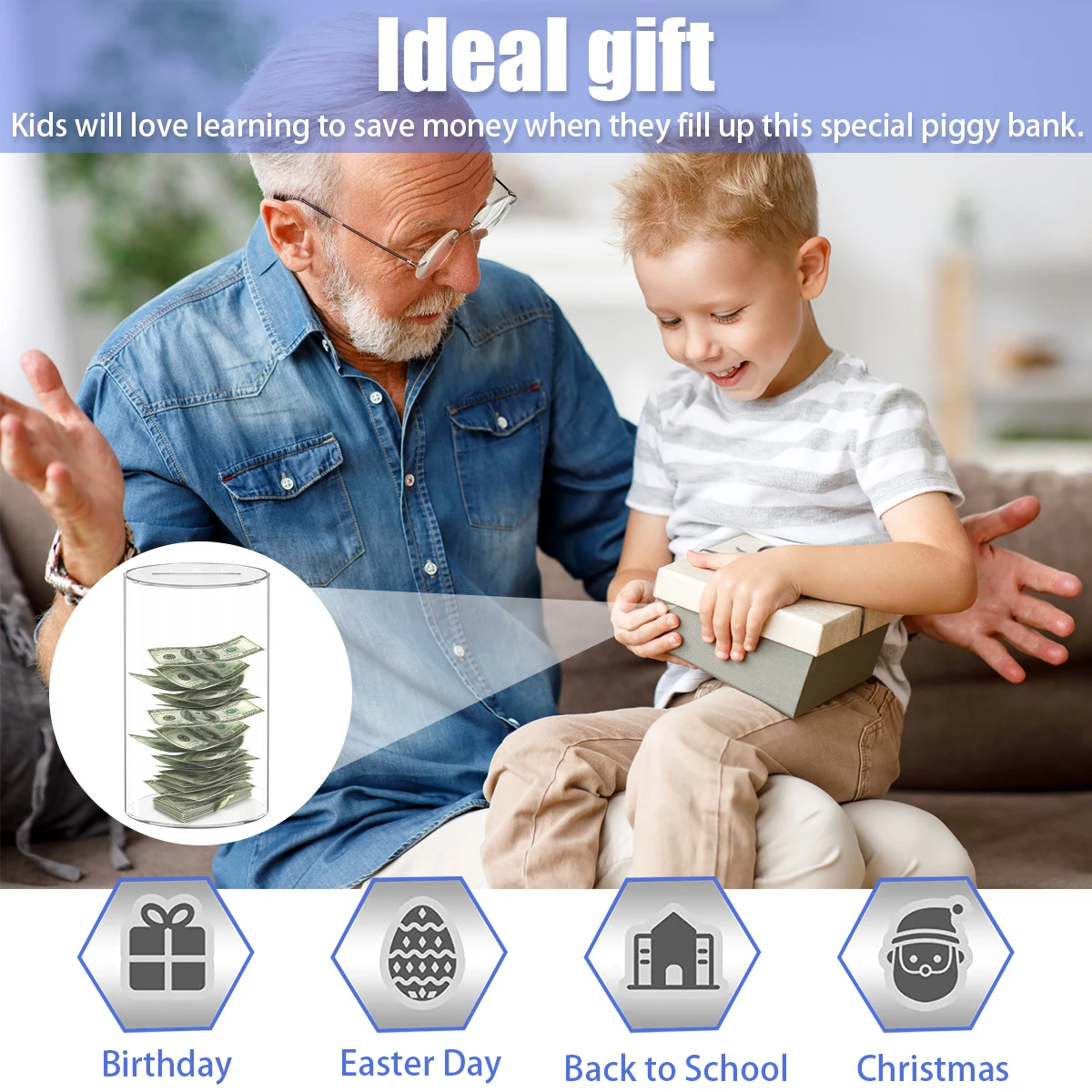 صندوق حصالة من الأكريليك الشفاف للبالغين والأطفال، صندوق توفير المال قابل لإعادة الاستخدام، فواتير العملات المعدنية، آمن للمال