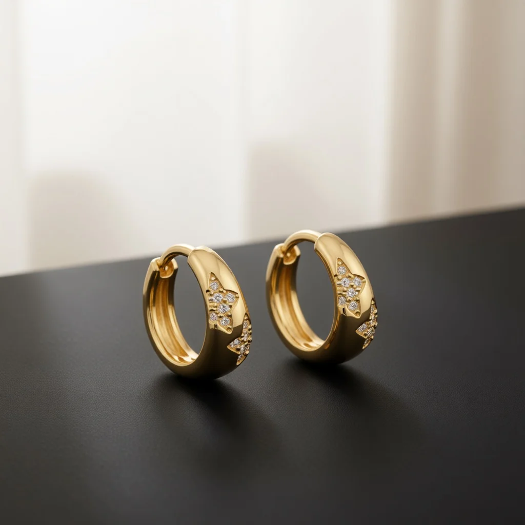 Silver‑Tone Star Pave Zircon Oval Huggie Hoop Earrings for Women, Elegant Dainty Bold Trendy Glam Luxe Statement Fashion Jewelry