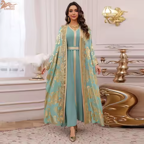 Uni Luxury Gold Stamping Women Abayas Belt included Two-Piece Set Muslim Elegant Women Evening Dress