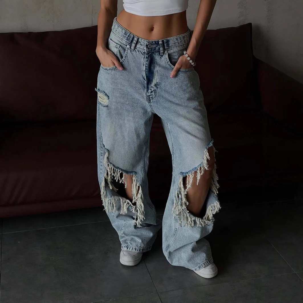 

Women's Distressed Ripped Baggy Jeans, High Waisted Wide Leg Denim Pants, Y2K Streetwear Casual Trousers