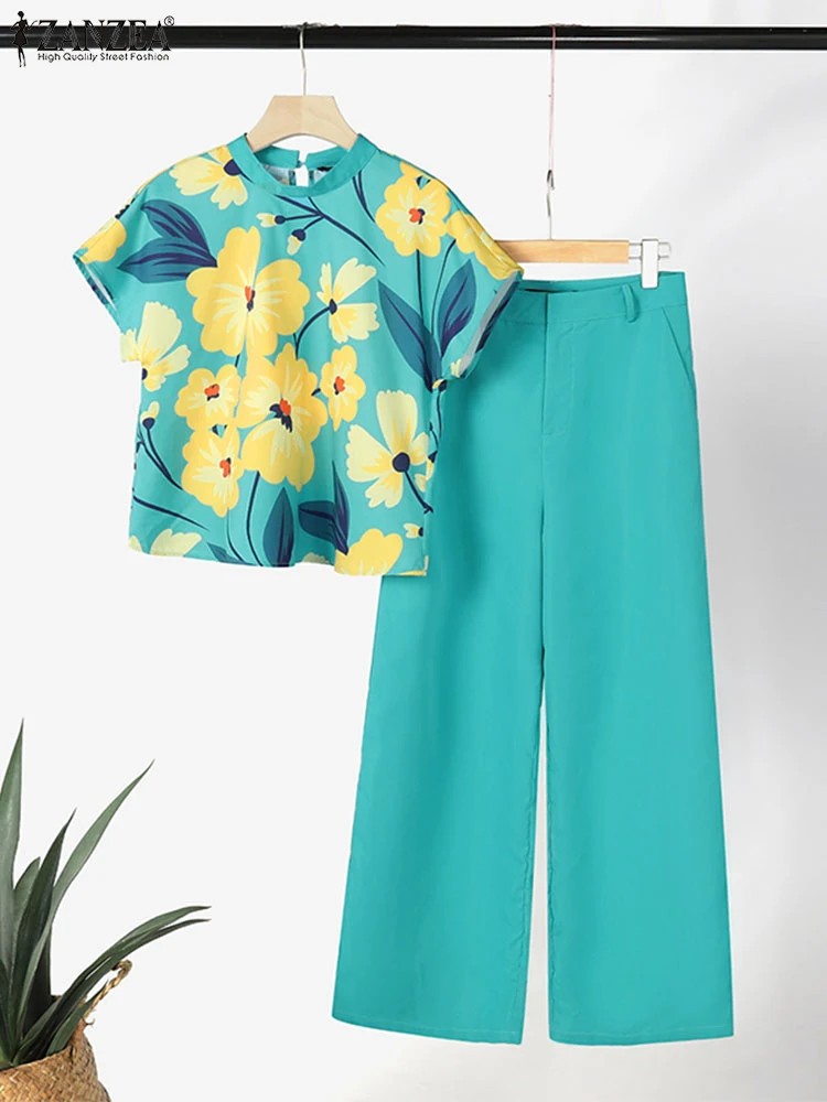 ZANZEA Summer Women Pant Sets Casual Holiday Elegant Floral Print Short Sleeve Blouse 2pcs Outfits Wide Leg Trouser 2-Piece Sets